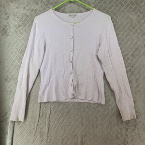 Jessica Ash Womens L Top White Cardigan Mother of Pearl Buttons Rib Knit Fitted